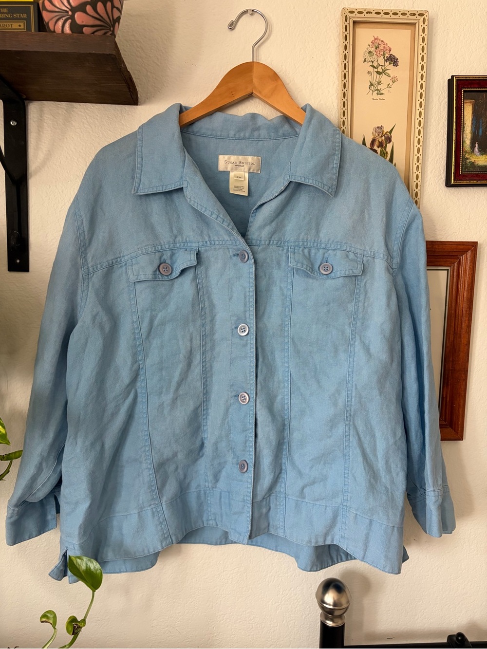 Susan Bristol Linen Light Blue Button-Front Top - 3/4 Sleeve 2W - Coastal Chic
